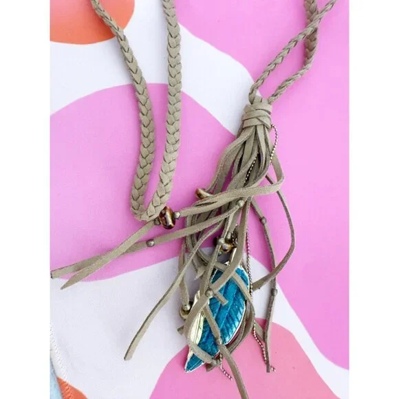 Braided Leather Necklace with Tassel Pendant - Picture 3 of 4